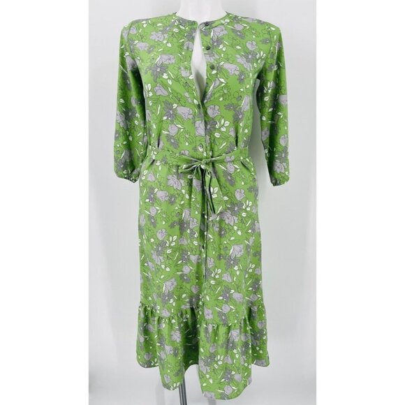 Loft Outlet Midi Flowy Dress Size XS Tie Waist 3/4 Sleeve Ruffle Hem Green Grey - Picture 1 of 13
